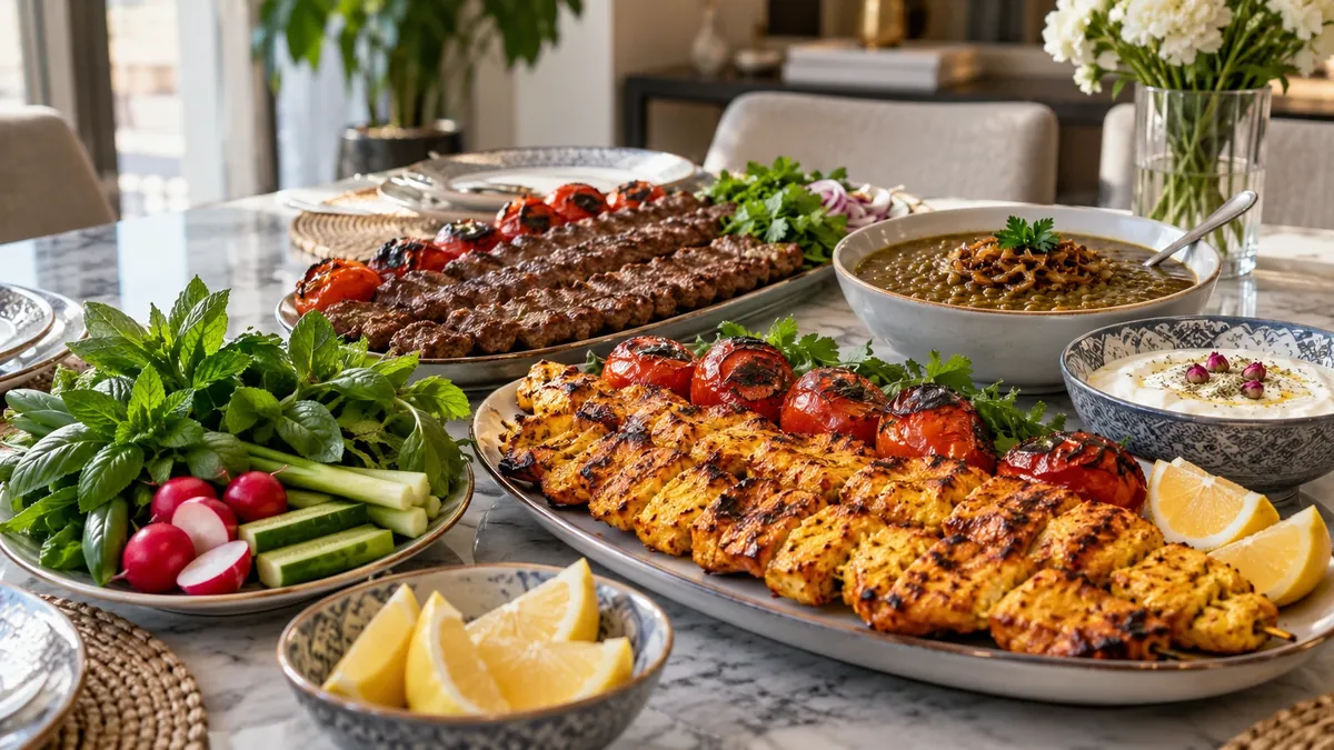 میز غذای ایرانی با کباب کوبیده، جوجه‌کباب، گوجه‌ی کبابی، عدسی، ماست و سبزی خوردن
