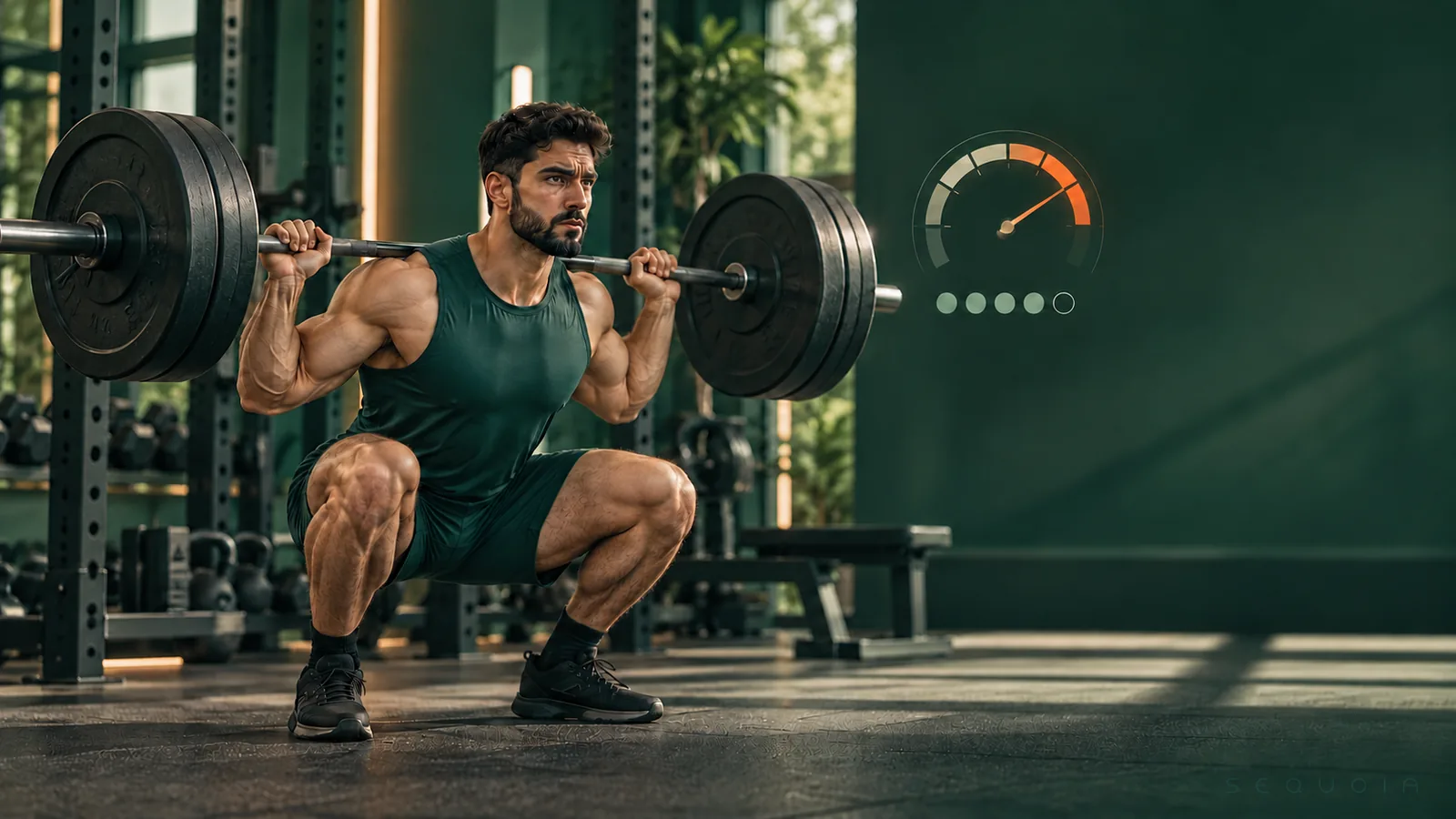 RPE و RIR چیست؟ تفاوت فشار تمرین و تکرار ذخیره؛ بدنساز در حال اسکوات کنار نشانگر شدت ست
