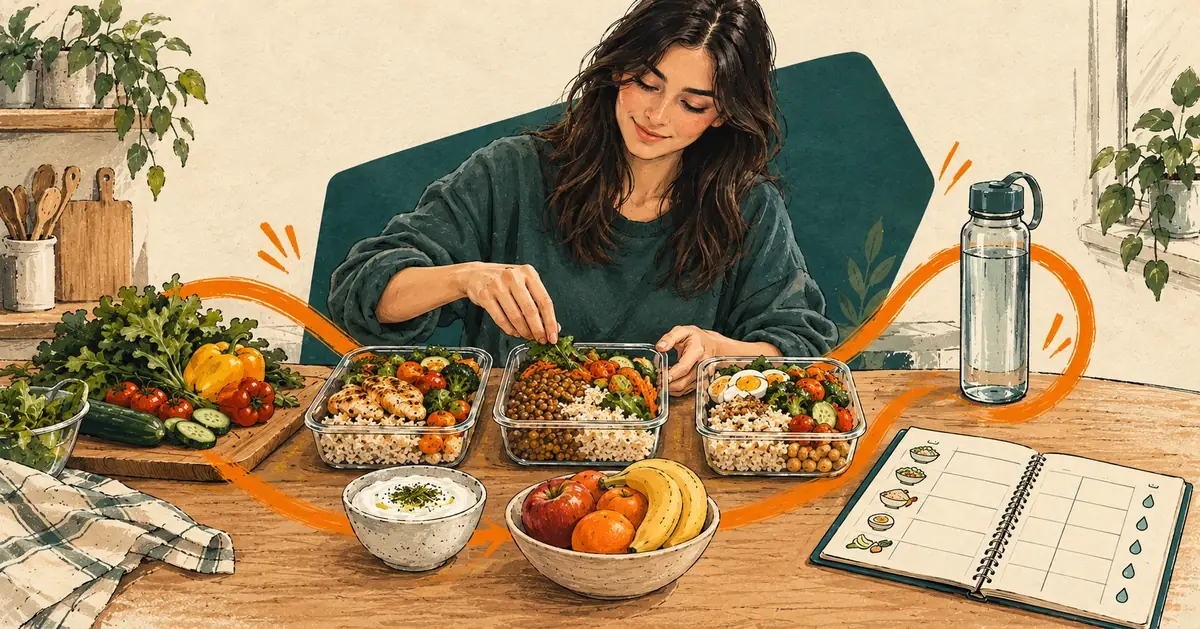 برنامه‌ریزی وعده‌های غذایی با ظرف‌های غذای متنوع، دفتر هفتگی و بطری آب